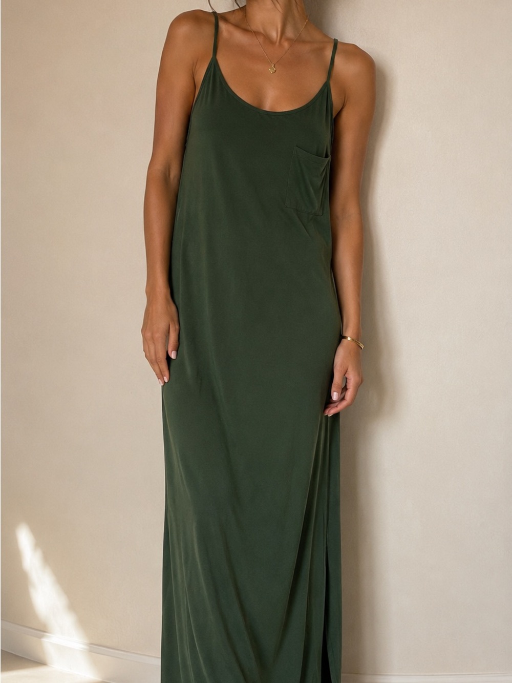 Olive Green Maxi Slip Dress with Slim Straps